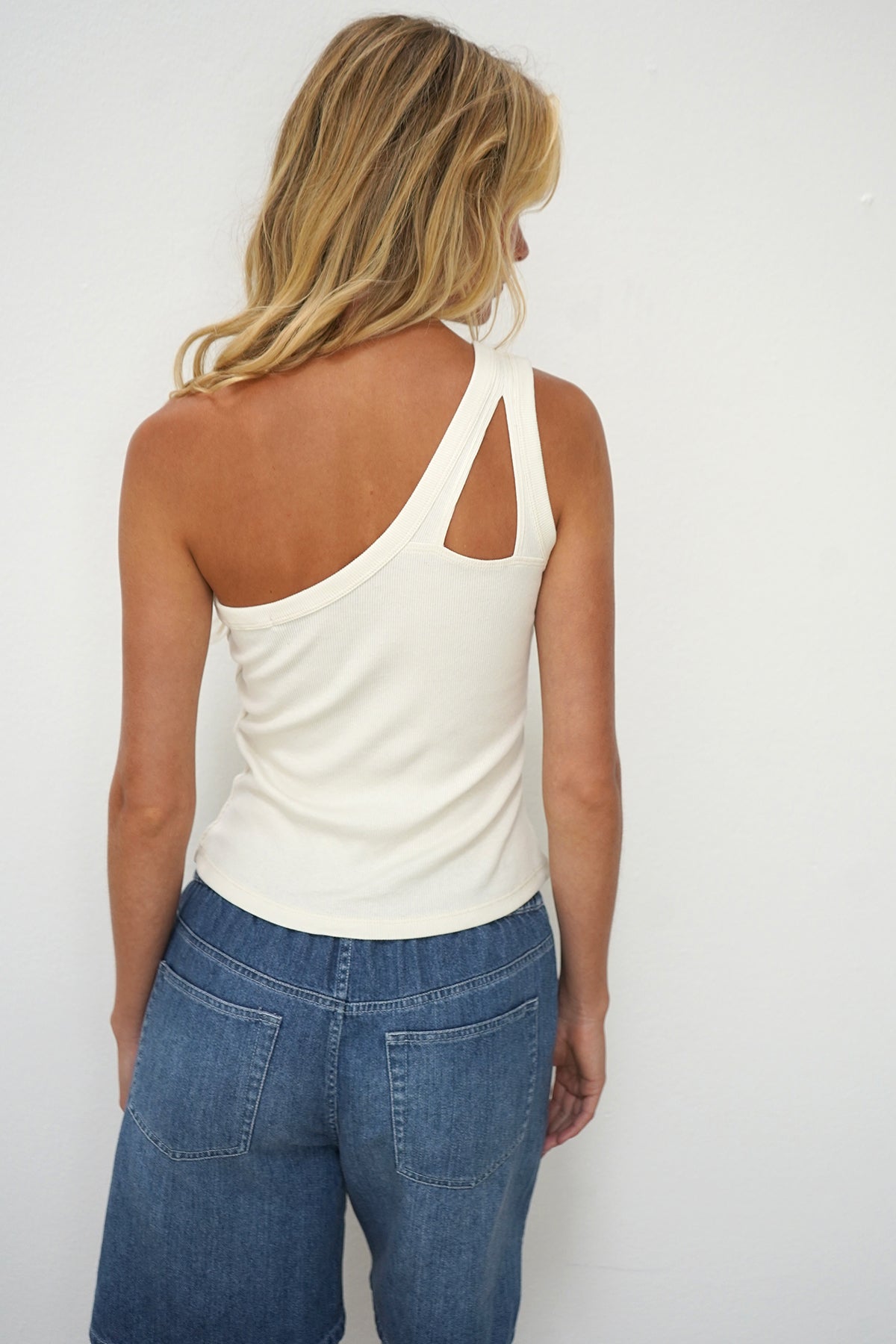 LNA Jas ribbed one shoulder top in ivory