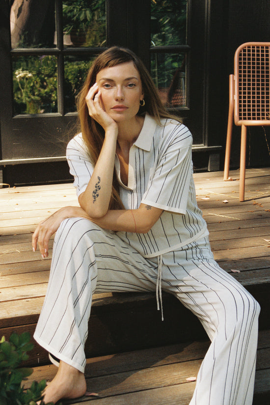 LNA Neena Short Sleeve Deep V in ivory with black stripe