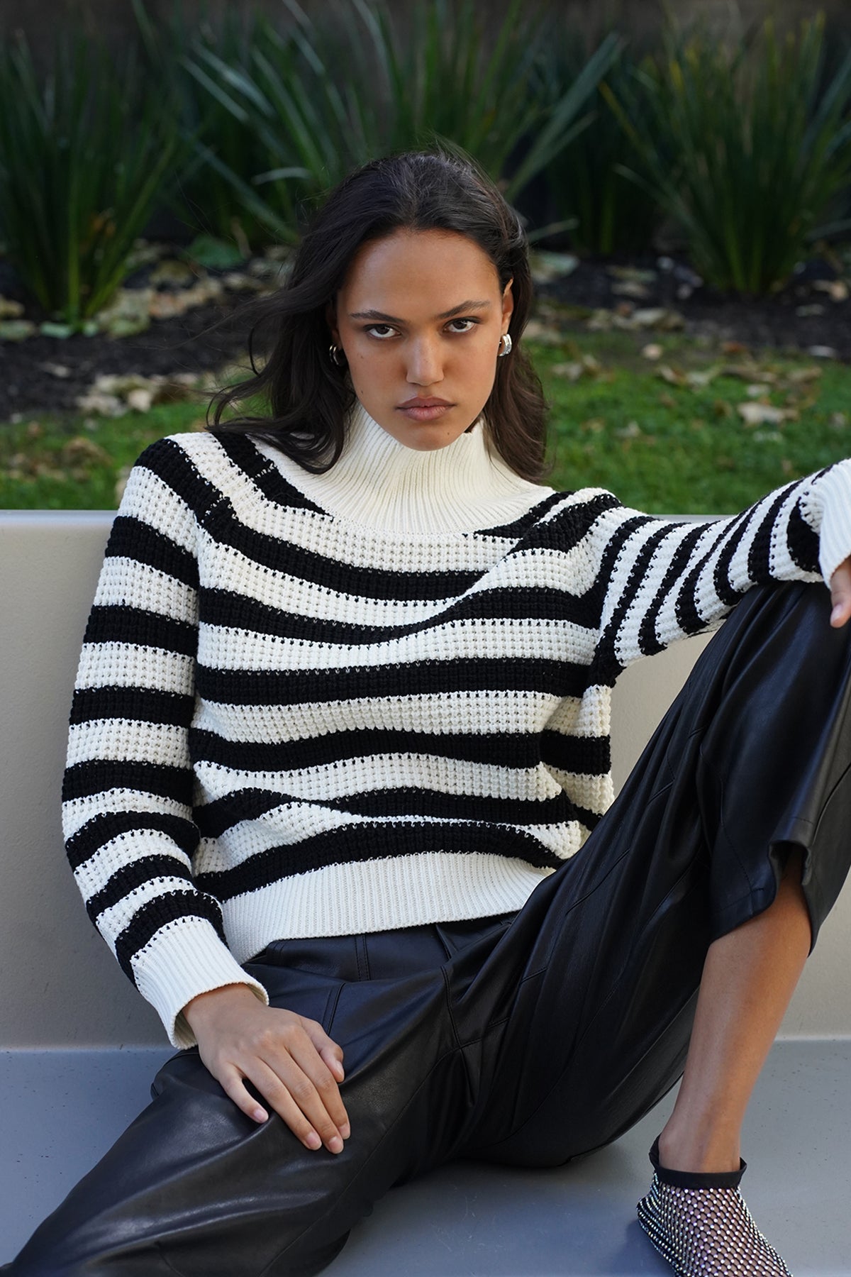 LNA Oscar stripe sweater, mock neck in black and white 