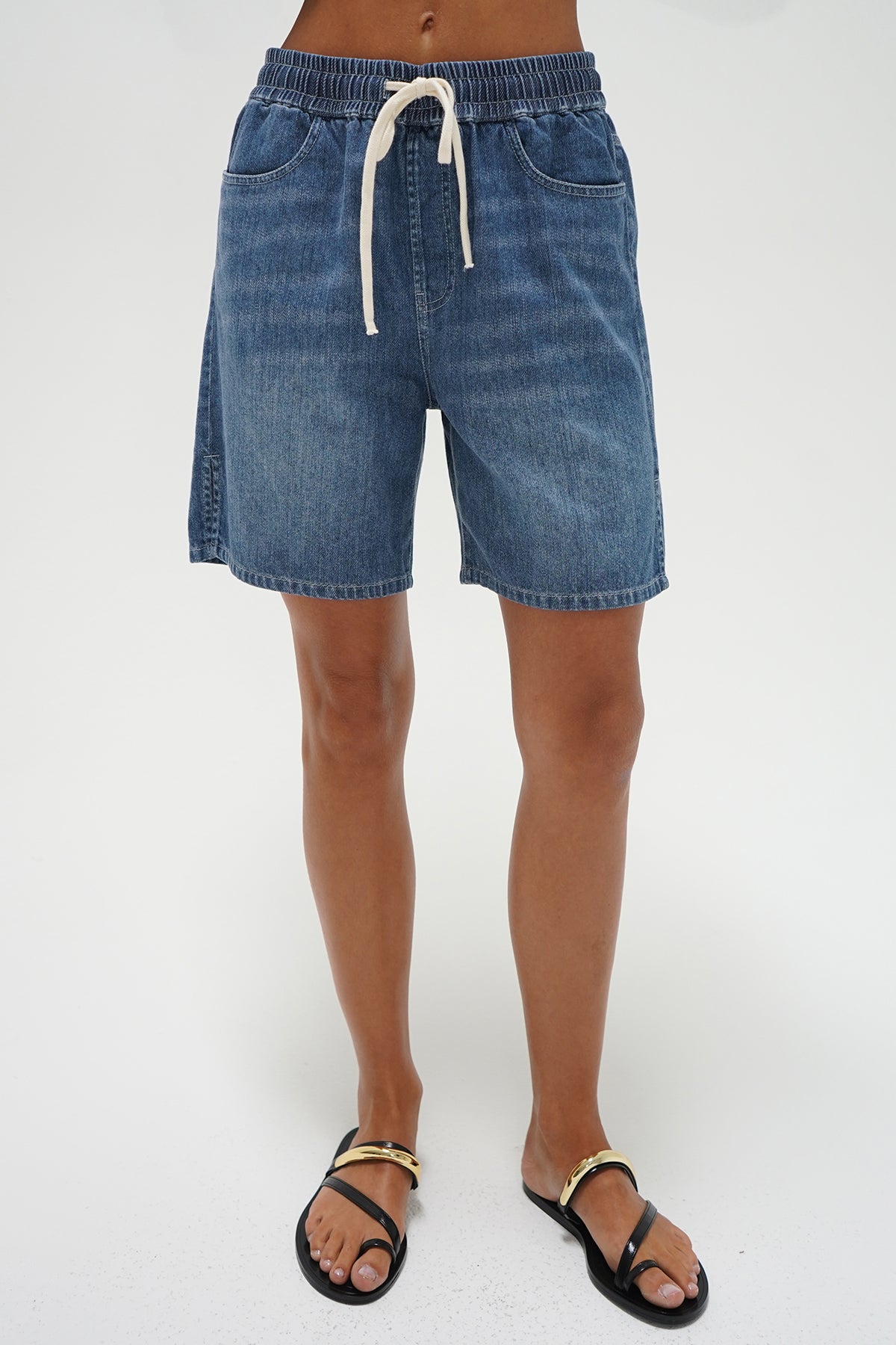 LNA Presley longline short in soft denim