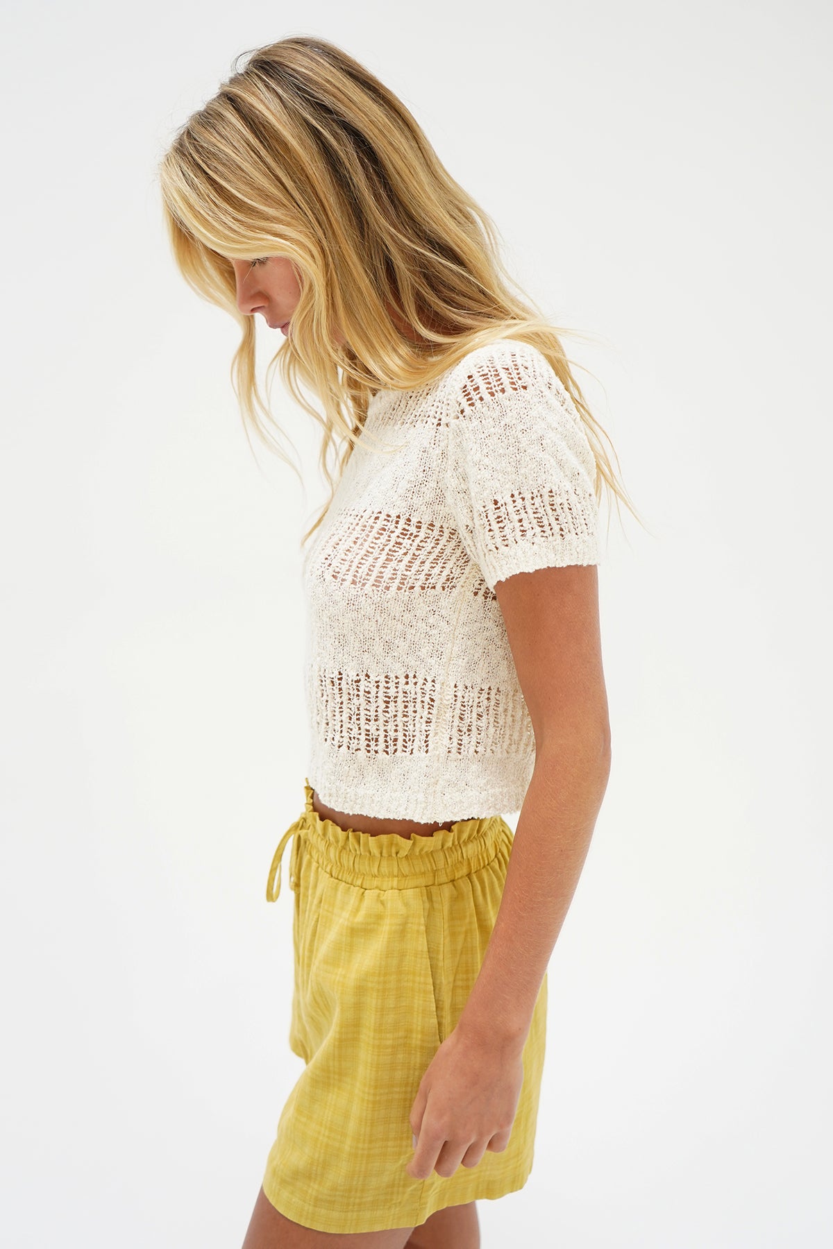 LNA Stevey top in natural. Open knit short sleeve top. 