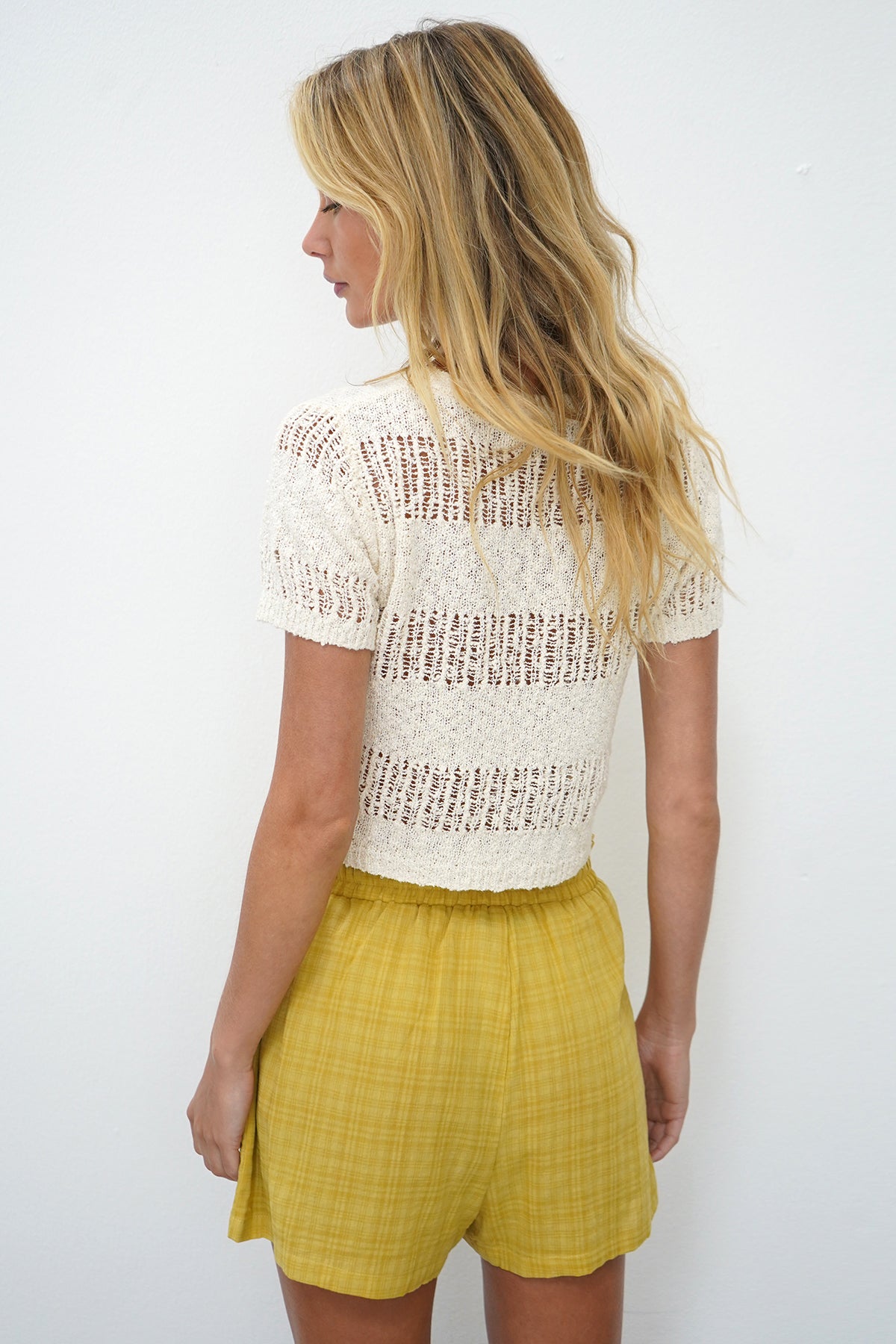 LNA Stevey top in natural. Open knit short sleeve top. 