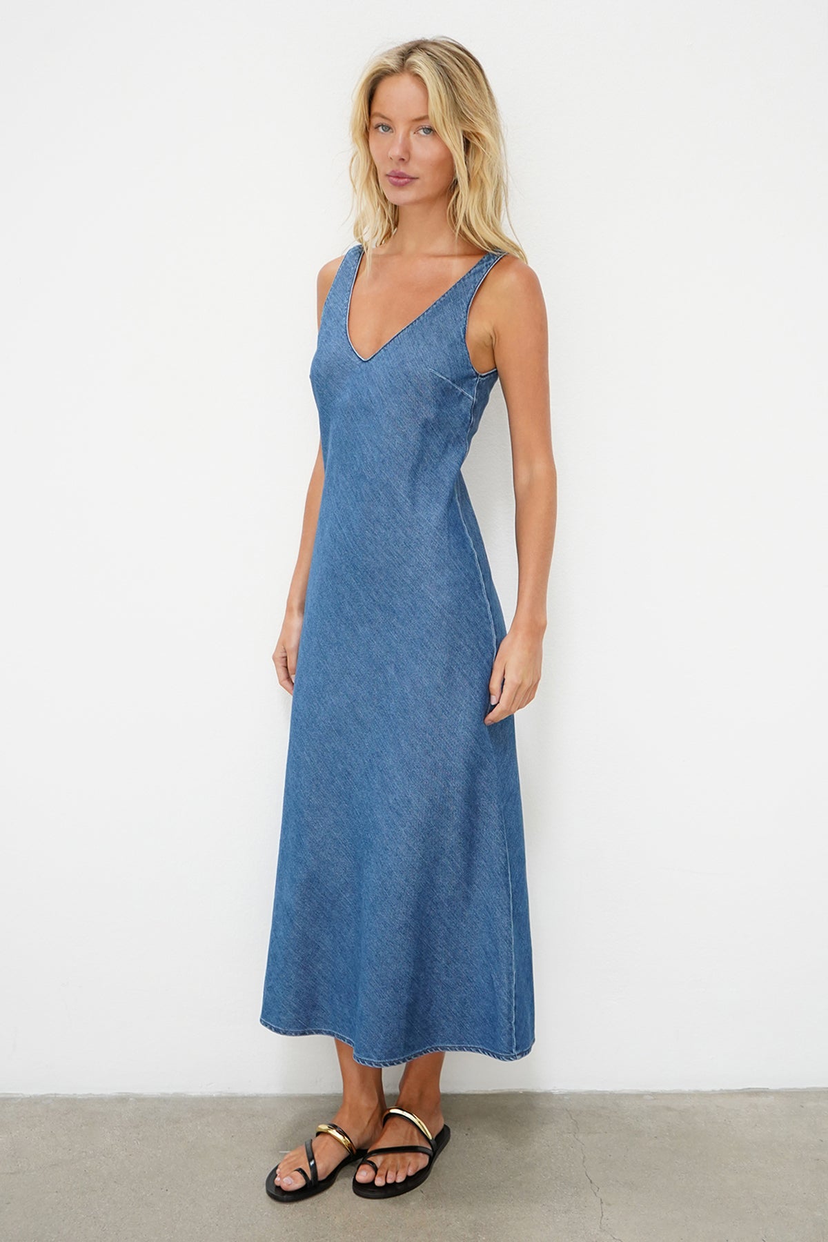 LNA V Slip Denim Dress in soft denim