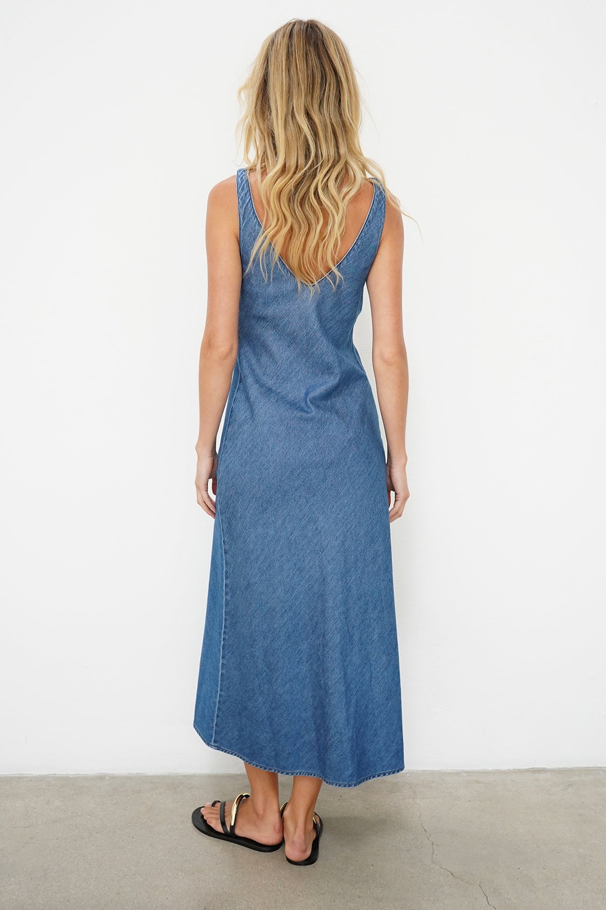 LNA V Slip Denim Dress in soft denim