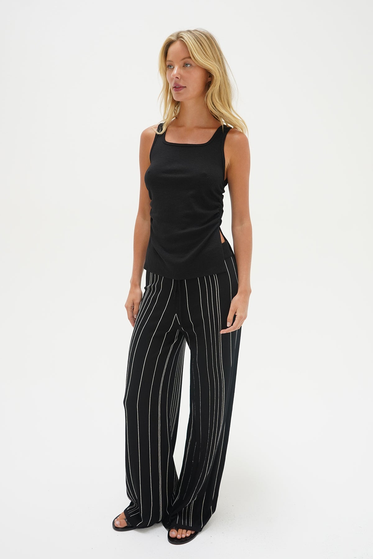 LNA Rylan Stripe Pant in black with ivory stripe