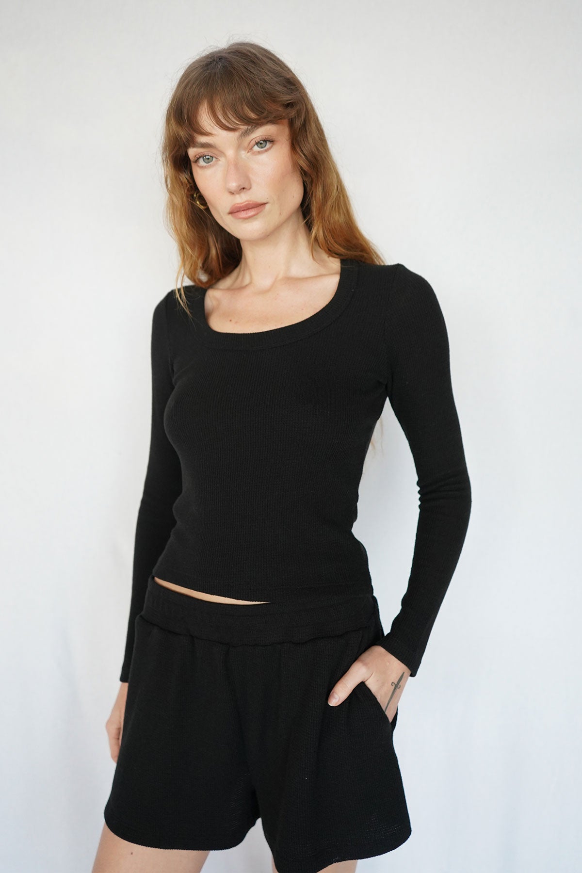 LNA Crown Waffle Scoop Long Sleeve Top in Black