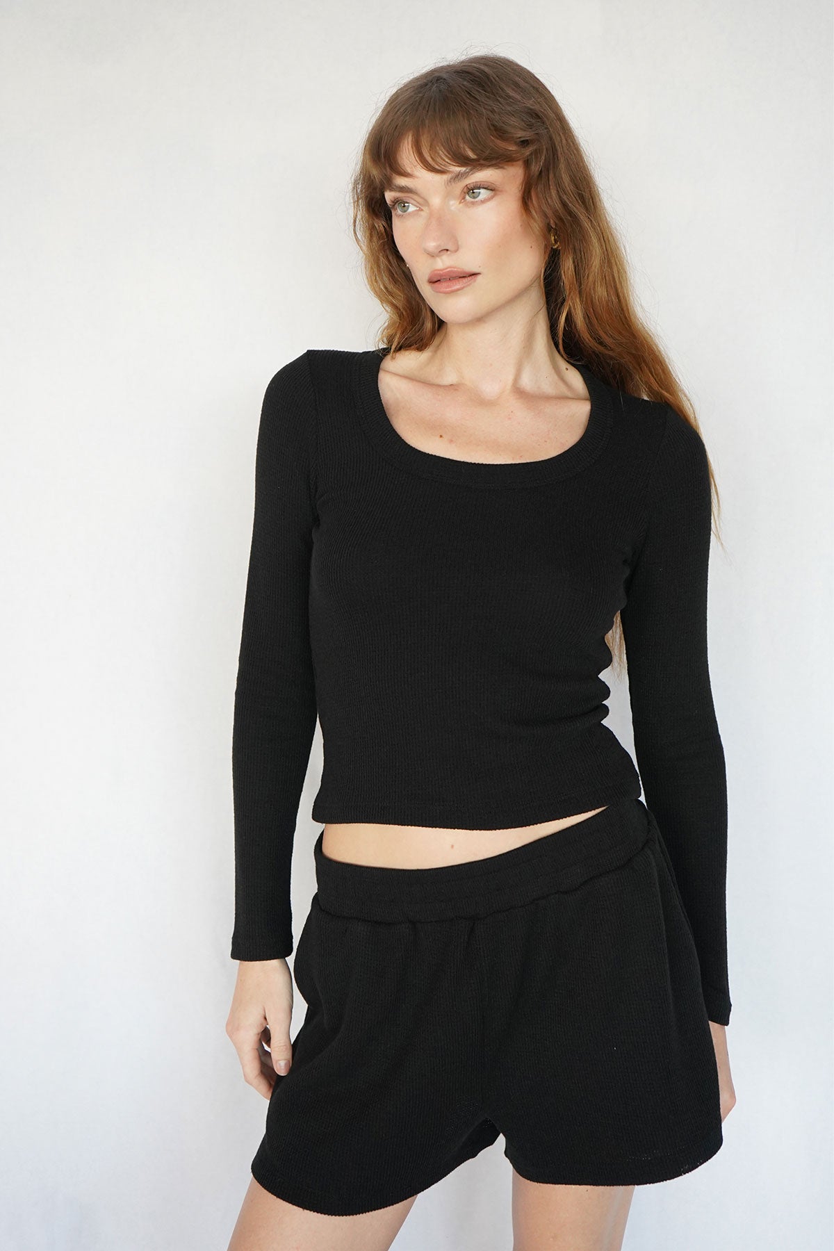 LNA Crown Waffle Scoop Long Sleeve Top in Black