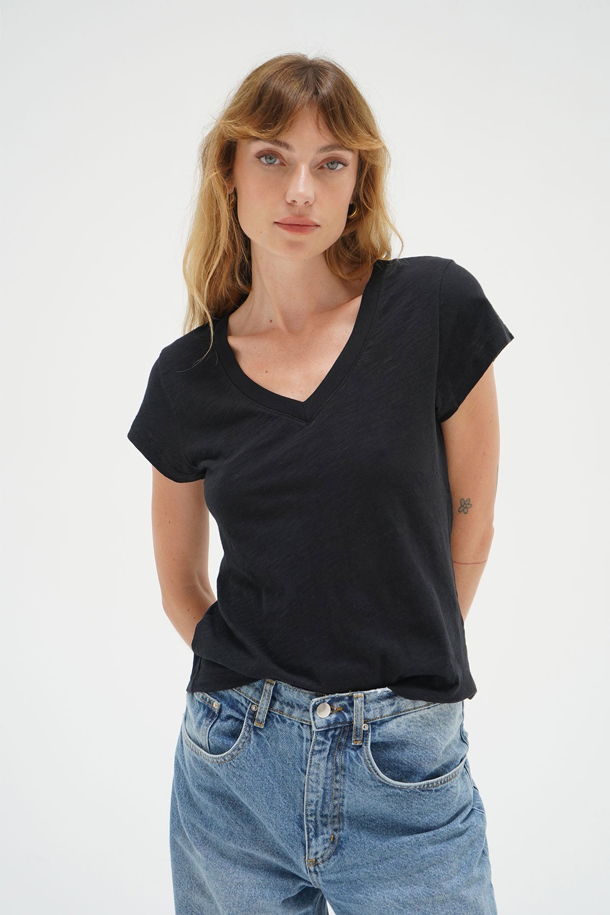 LNA Fitted Deep V Cotton Tee in Black