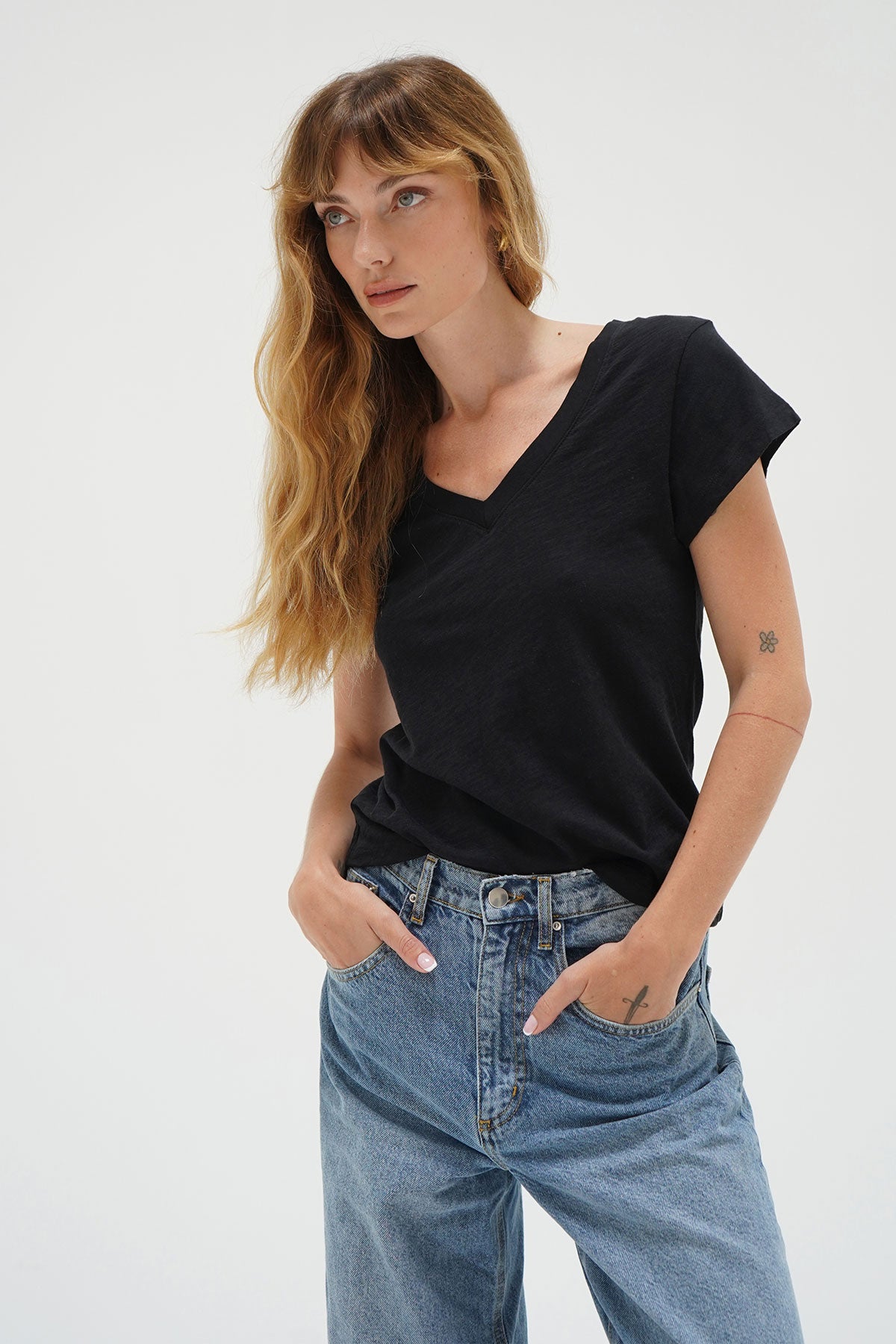 LNA Fitted Deep V Cotton Tee in Black