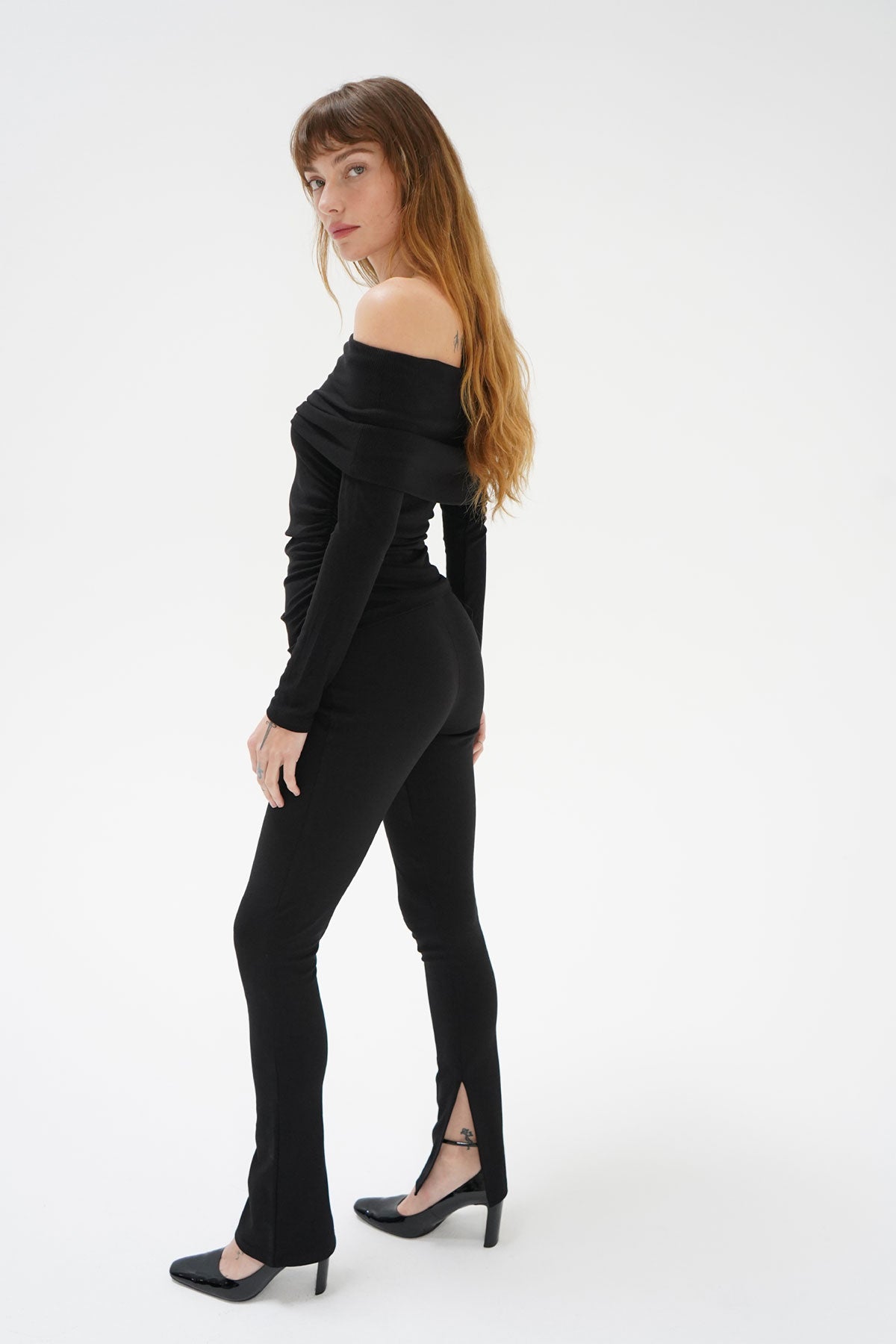 LNA Liya Ribbed Fold Over Top in Black