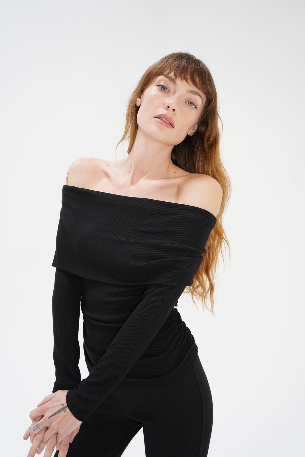 LNA Liya Ribbed Fold Over Top in Black