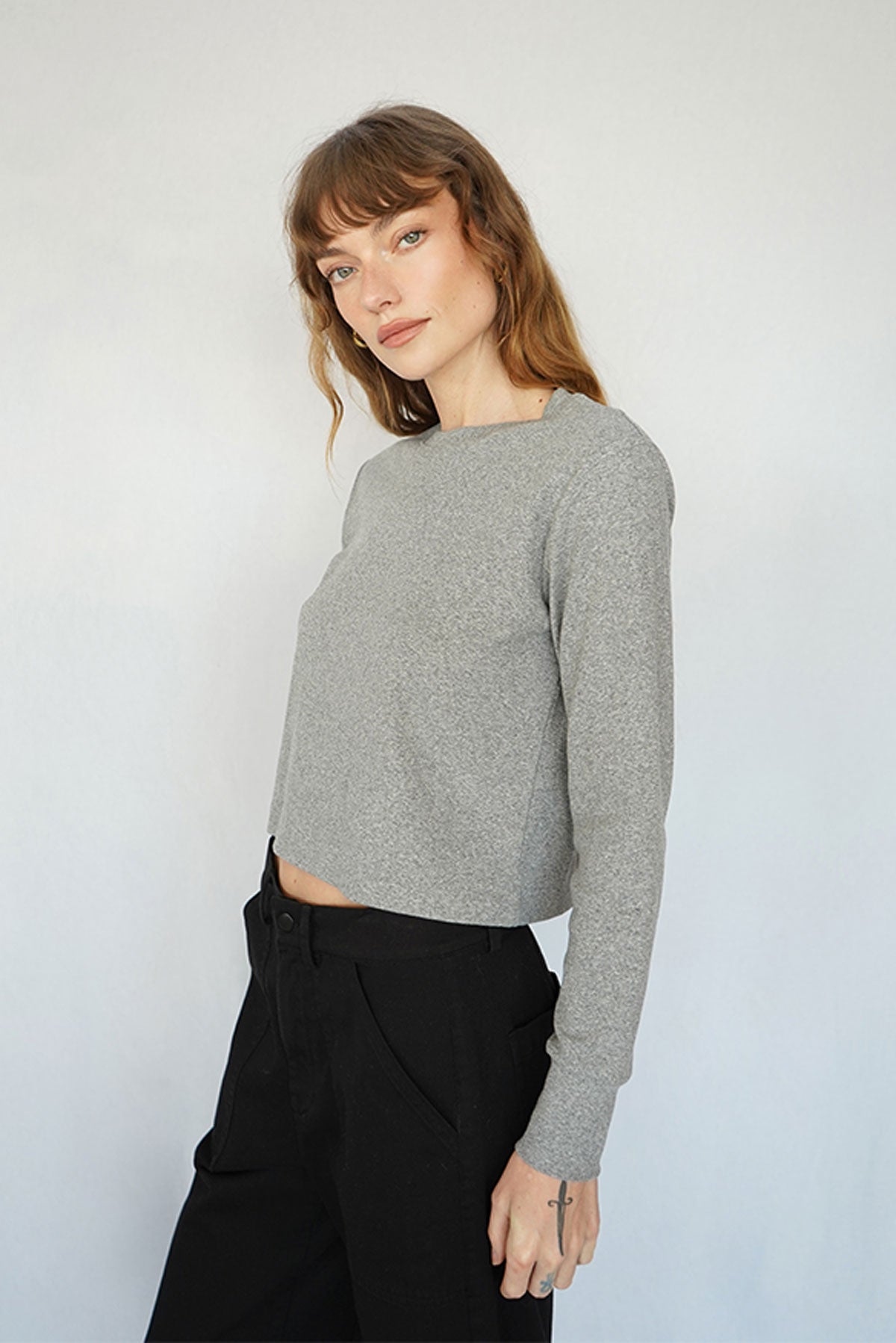 LNA Long Sleeve Cotton Rib Crew in Heather Grey 