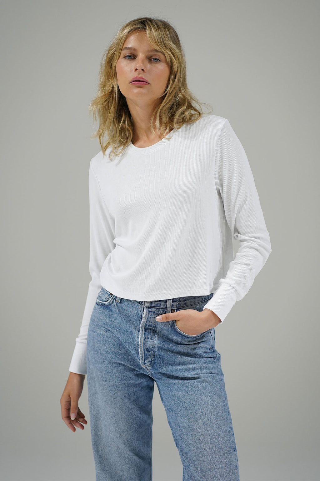 LNA Ribbed Long Sleeve Crew in White – LNA Clothing