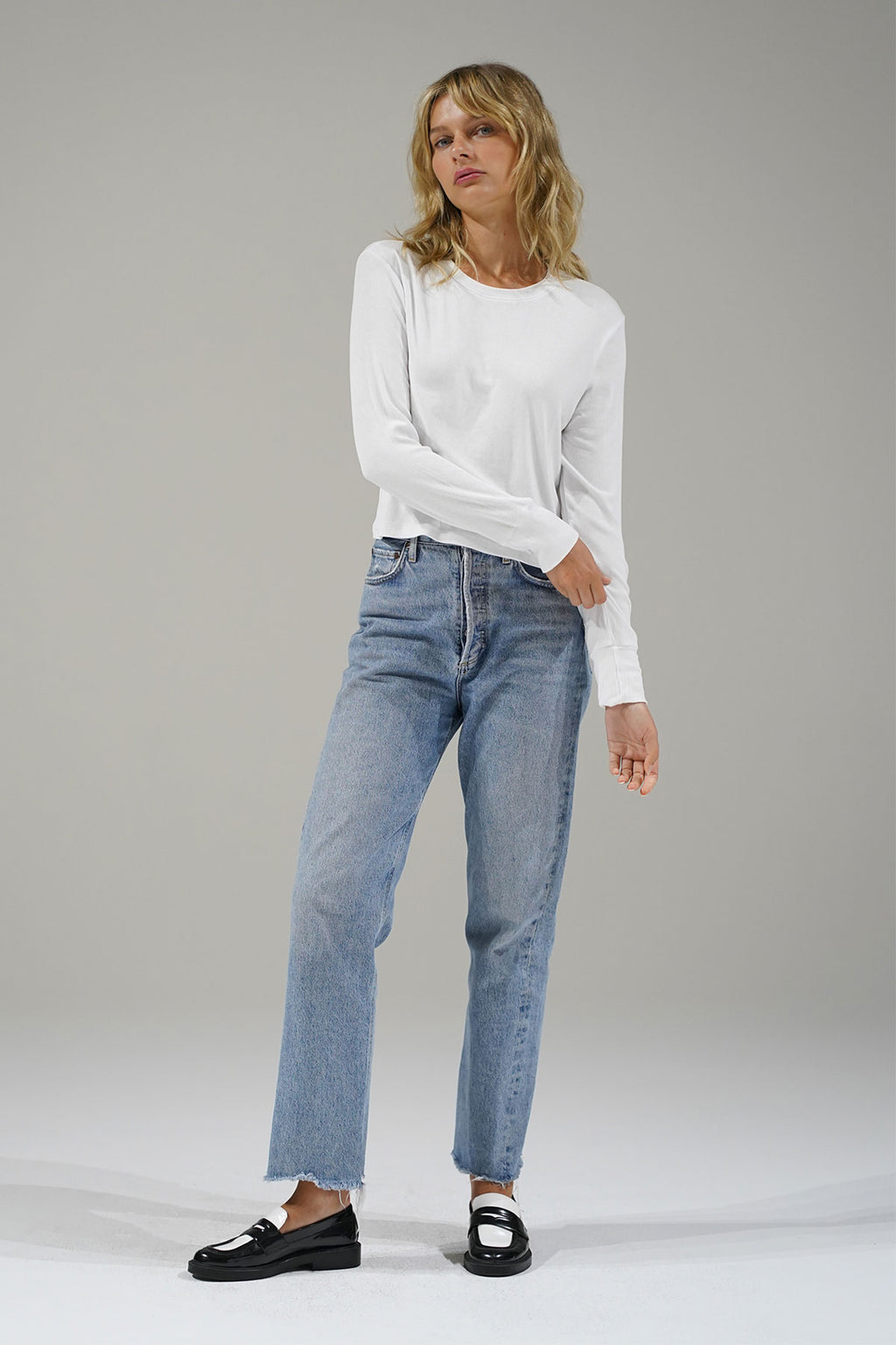 LNA Ribbed Long Sleeve Crew in White – LNA Clothing