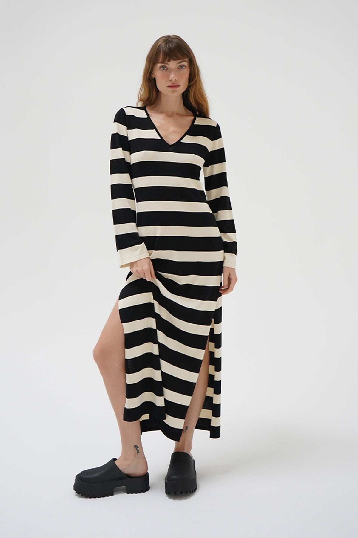 LNA Elin Dress in Ivory and Black Stripe