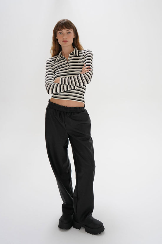 LNA Sylvie Collared Rib Long Sleeve in Black Multi Stripe