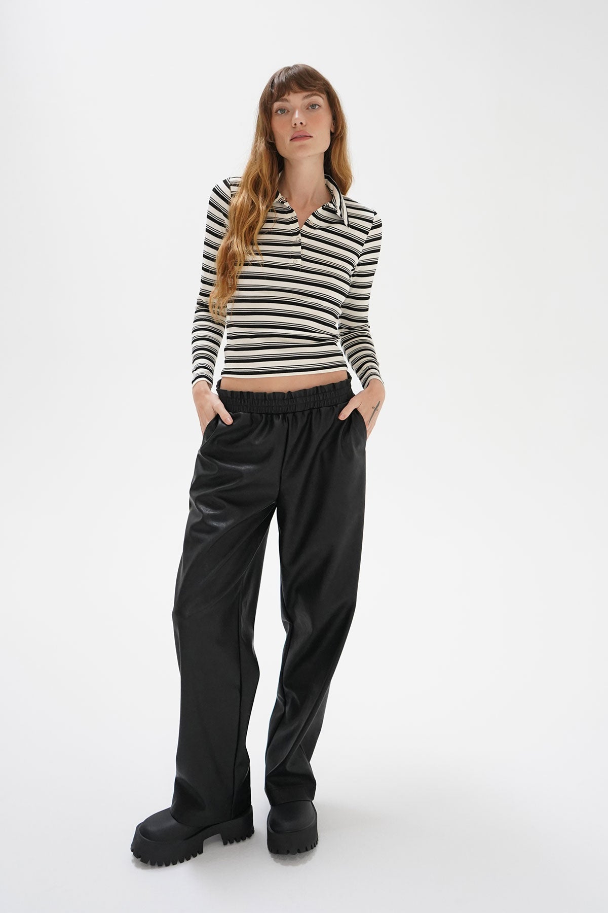 LNA Sylvie Collared Rib Long Sleeve in Black Multi Stripe