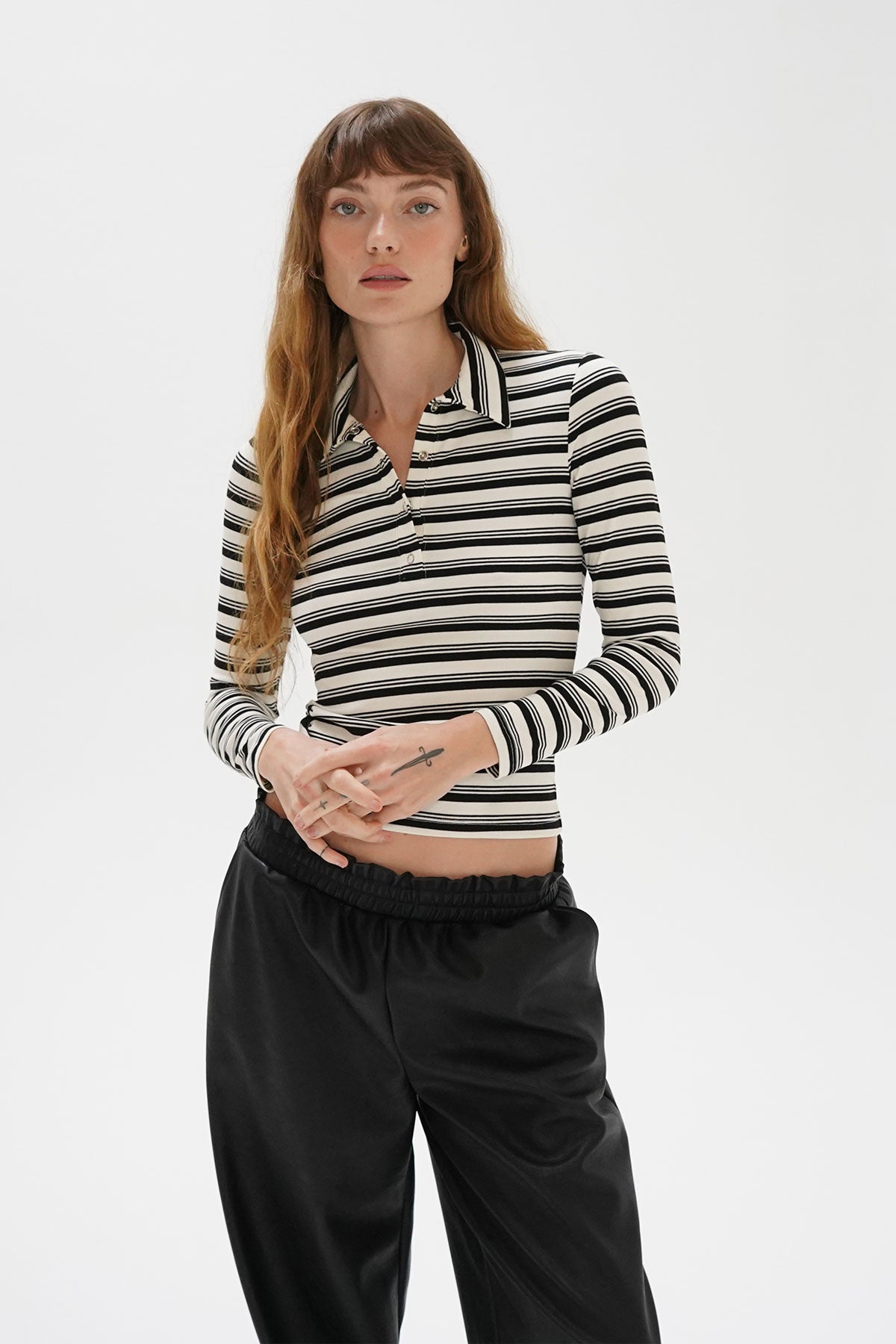 LNA Sylvie Collared Rib Long Sleeve in Black Multi Stripe