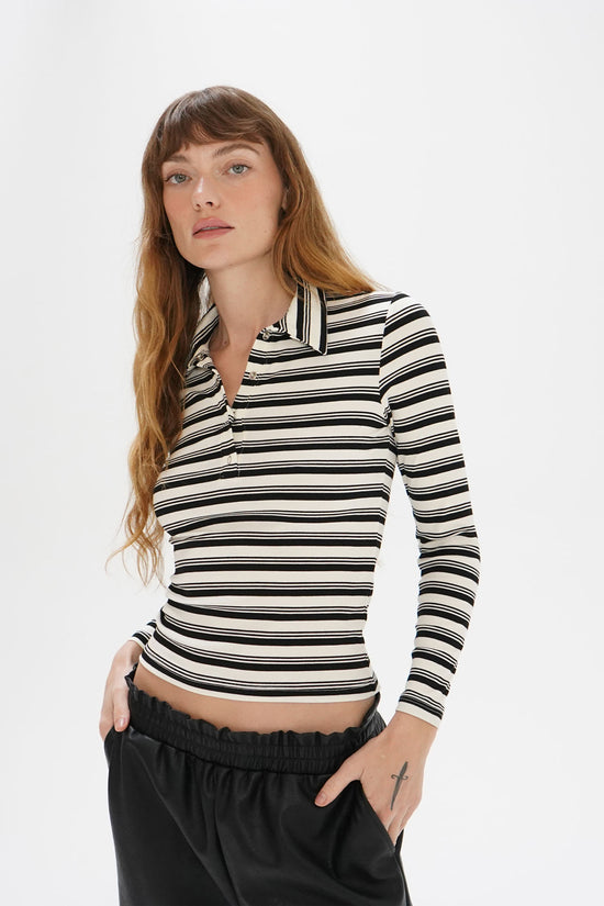 LNA Sylvie Collared Rib Long Sleeve in Black Multi Stripe