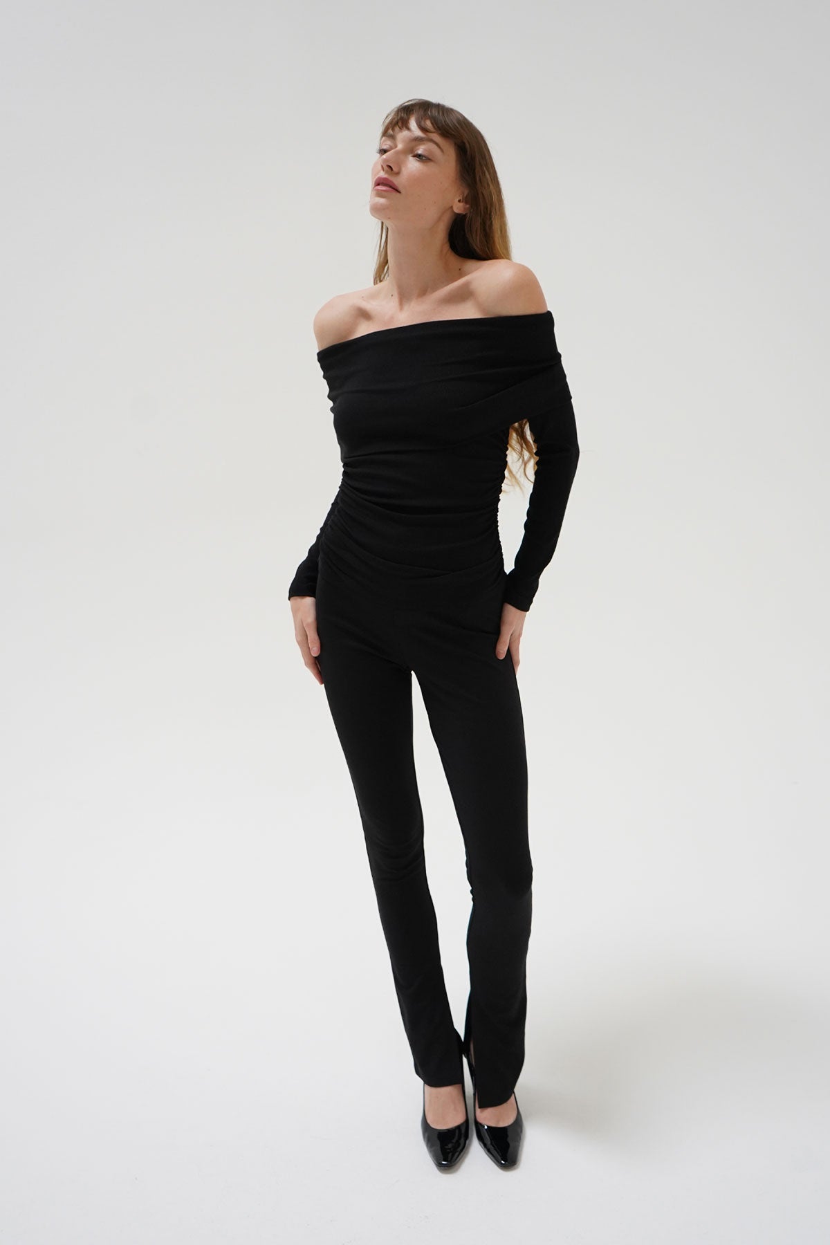 LNA Liya Ribbed Fold Over Top in Black