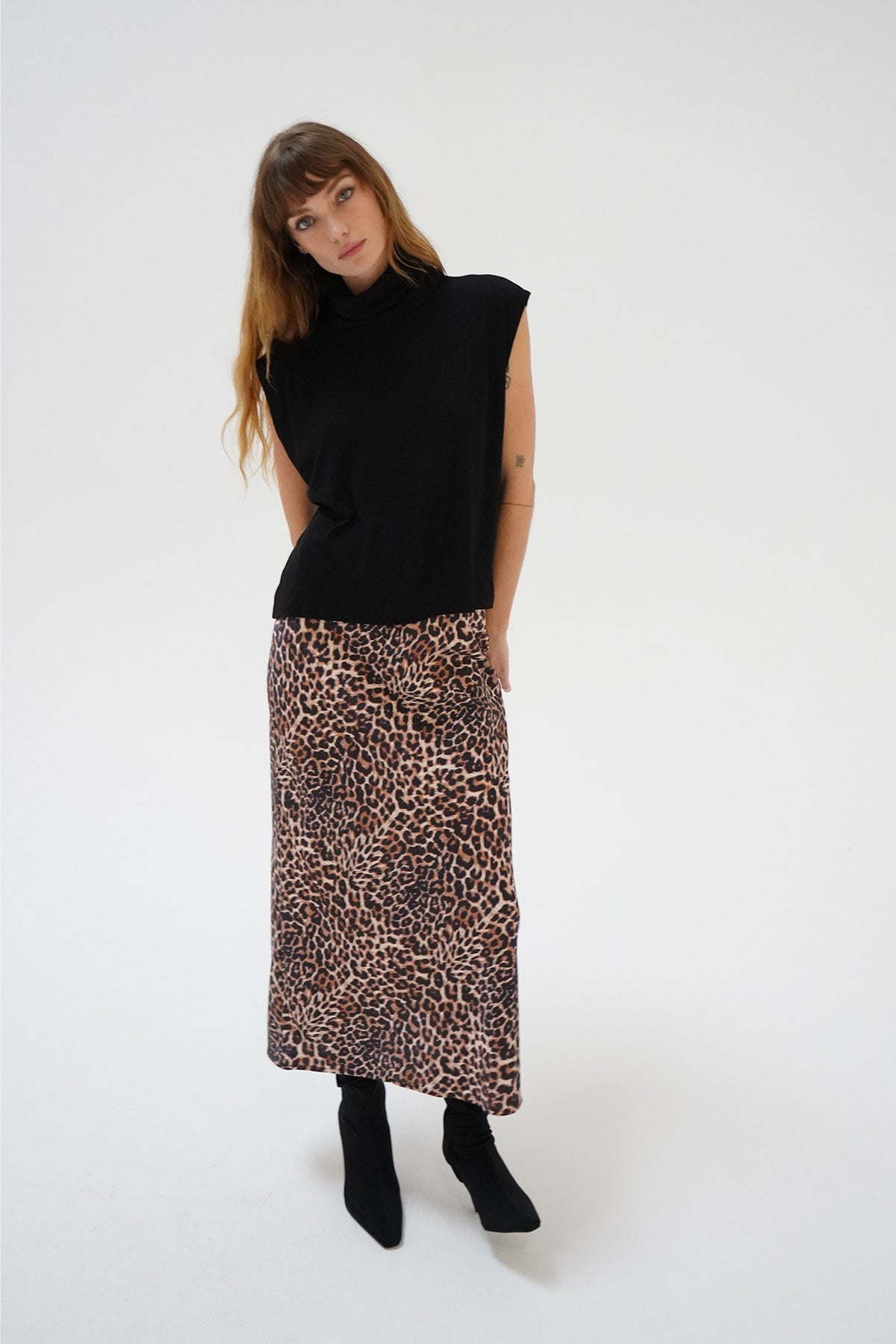 LNA Zia Midi Skirt in Leopard Print