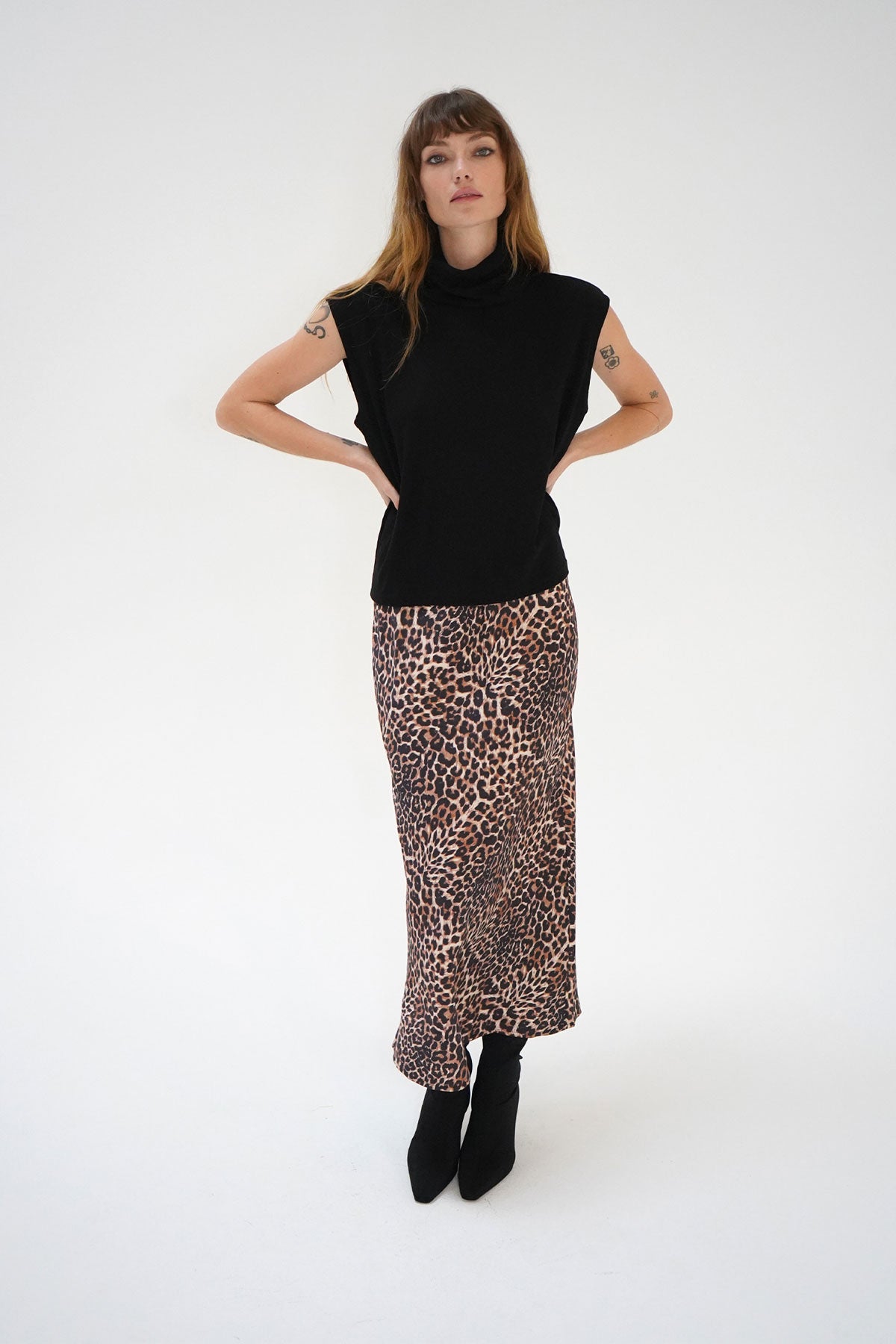 LNA Zia Midi Skirt in Leopard Print