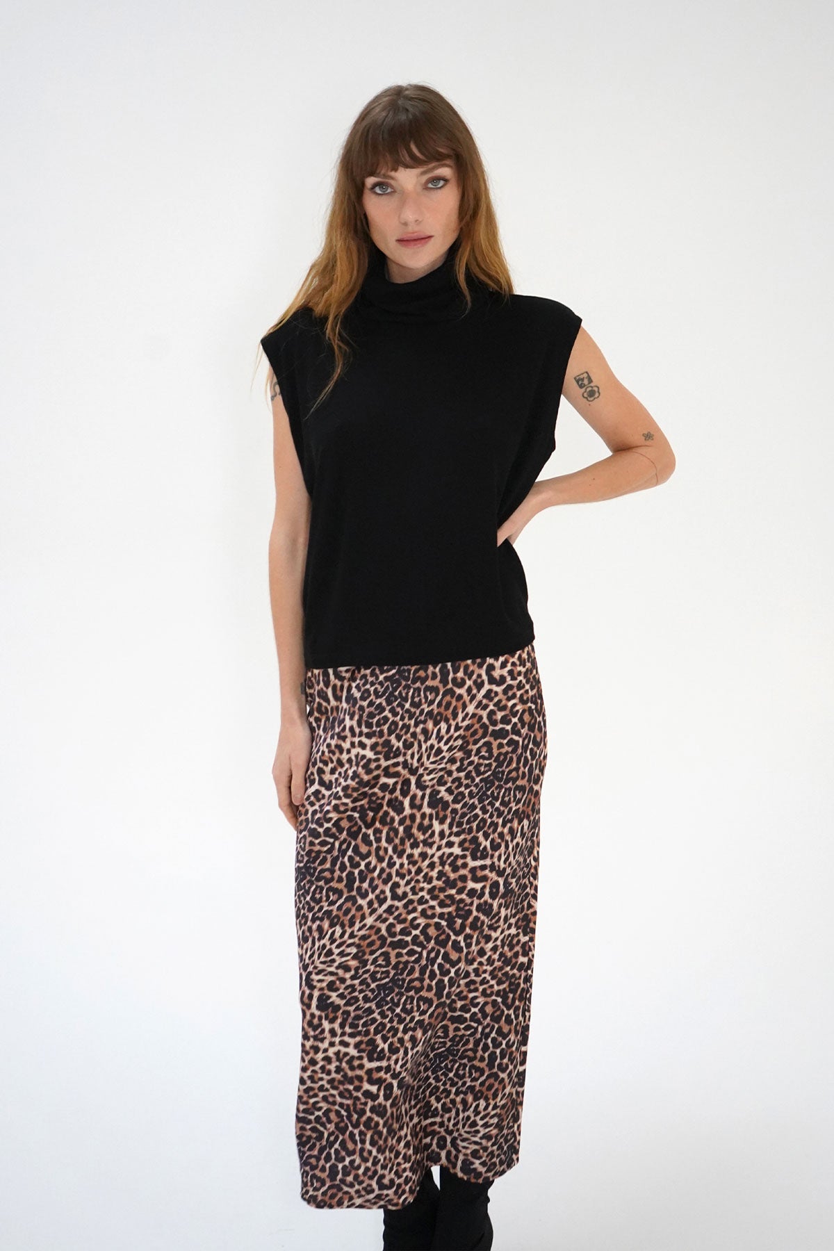 LNA Zia Midi Skirt in Leopard Print