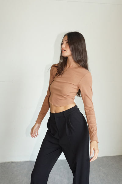 Mocha Melange Hook And Eye Long Sleeve Crop Top